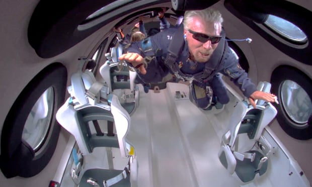 Billionaire Richard Branson floats in zero gravity at the edge of space on Virgin Galactic’s rocket.