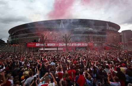 Armoury Square is packed with thousands of fans as Arsenal celebrate their Champions League victory