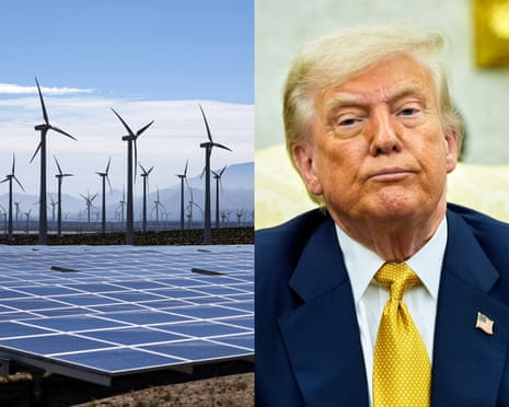 a composite image showing wind turbines and solar panels and a mn in a suit