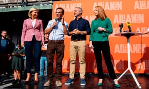 Party leaders, from left: Ebba Busch Thor, Christian Democrats; Ulf Kristersson, Moderates; Jan Björklund, Liberals; and Annie Lööf, Centre party, at a rally in Stockholm.