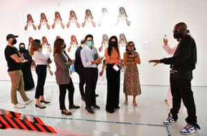 Abloh addresses media at a press preview of his exhibition ‘Figures of Speech’ on 4 November, 2021 at the Fire Station in Doha, Qatar