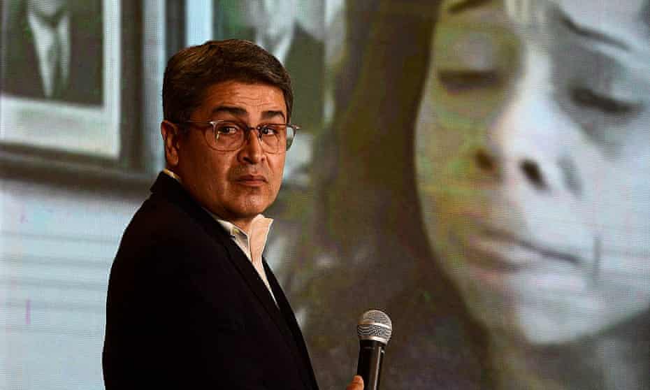 Juan Orlando Hernández denies accusations of drug trafficking made against him in court in New York, at a press conference in March 2021.
