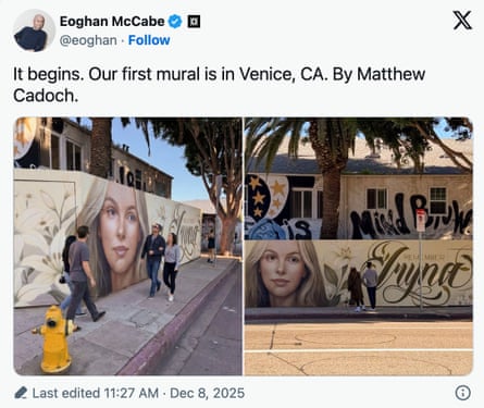 A tweet showing a mural of a blond woman and cursive font with the caption ‘It begins. Our first mural is in Venice, CA. By Matthew Cadoch.’