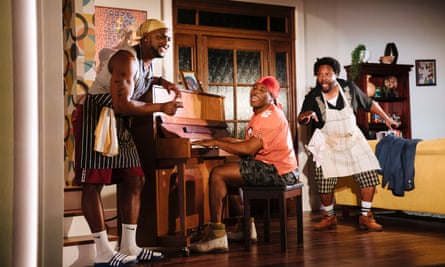 You almost want to cheer as they enter … Kadiff Kirwan, Olisa Odele and Jason Barnett in The Hot Wing King.