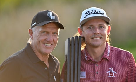 Cameron Smith poses with Liv Golf chief executive Greg Norman after winning the individual title in Illinois.
