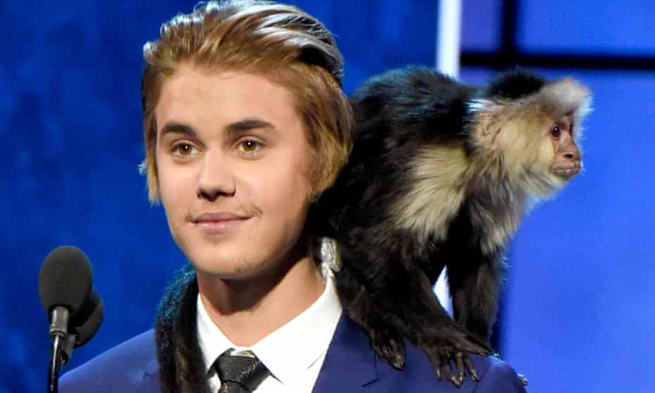 Justin Bieber on stage with a monkey last year.