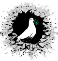 A peace dove holding an olive branch in its beak, positioned in the center of a hole blasted through concrete.