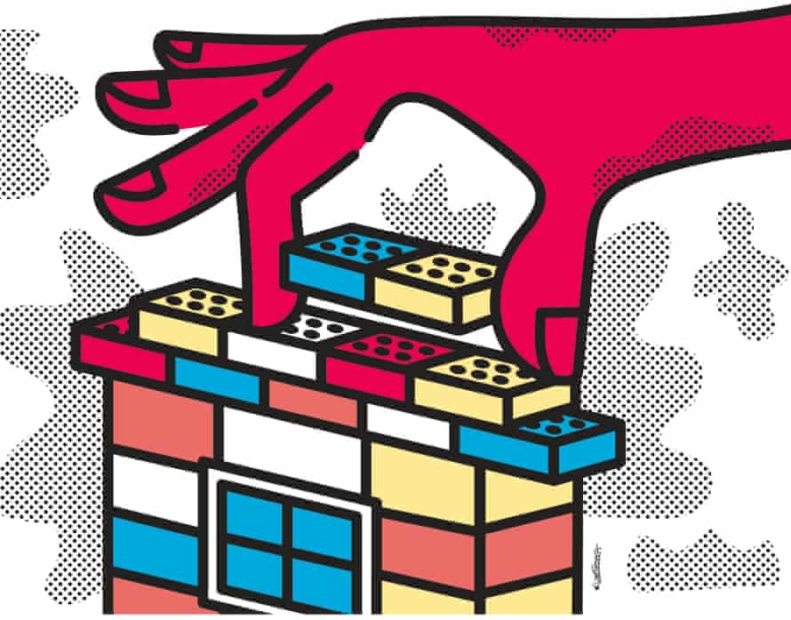 Illustration of a hand picking up Lego bricks, for a piece on how to teach children to be antiracists