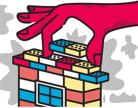 Illustration of a hand picking up Lego bricks,  for a piece on how to teach children to be antiracists