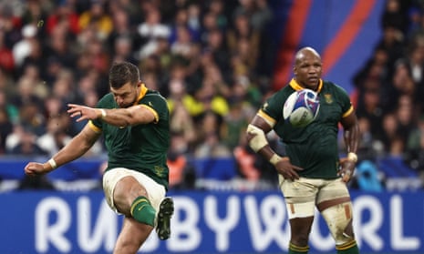 South Africa’s fly-half Handre Pollard hits and converts a penalty kick leading to South Africa winning the 2023 Rugby World Cup semi-final against England.
