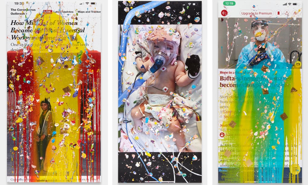 Three of Marc Quinn’s ‘viral paintings’ featuring news stories.