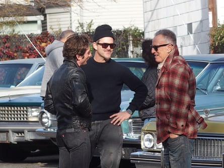 Jeremy Allen White, director Scott Cooper and Bruce Springsteen on the set of Deliver Me From Nowhere.