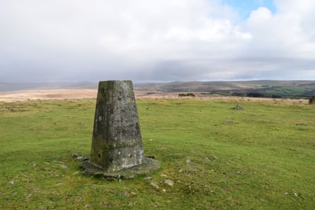 The trig point at the top of Gibbet Hill on west Dartmoor