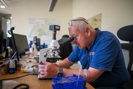 Nick Padwick looking into a microscope in an office