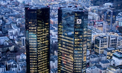 Aerial view of Deutsche Bank headquarters building in Frankfurt, Germany.