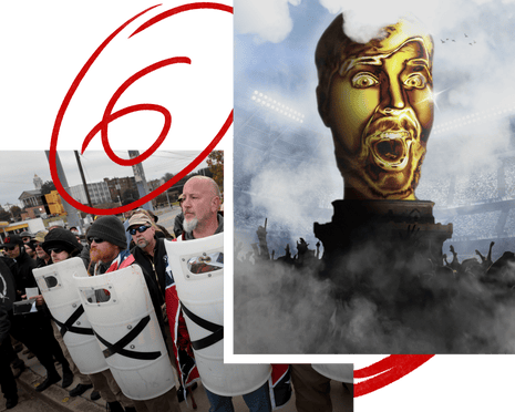Composite with the number 6, an illustration of Mr Beast and a photograph of white men hold white shields with black tape crosses on them