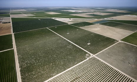 Farm fields are seen in the Central Valley near Fresno