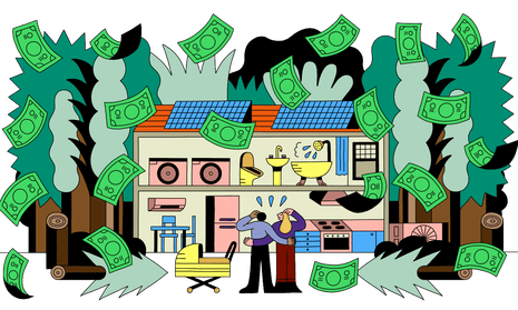 cartoon showing couple and a baby outside a house filled with various appliances, with solar panels on top and trees outside, and dollar bills raining down