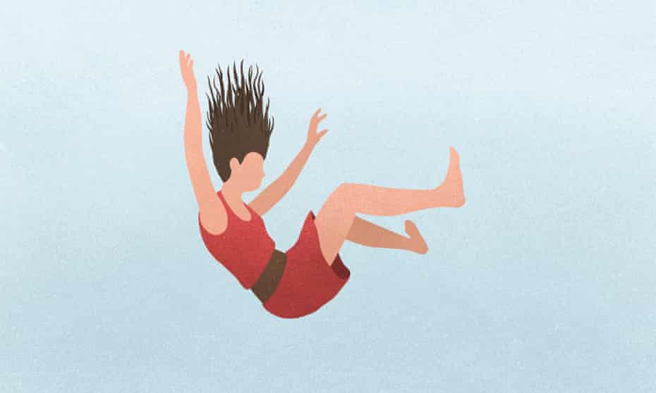 Illustration of a woman falling against a blue background.