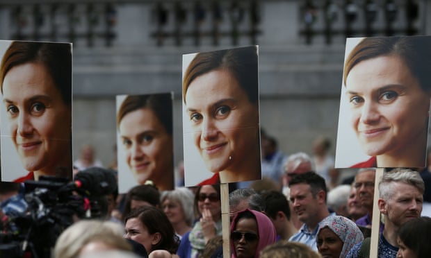 Placards show Jo Cox’s picture during a commemorative event in Trafalgar Square