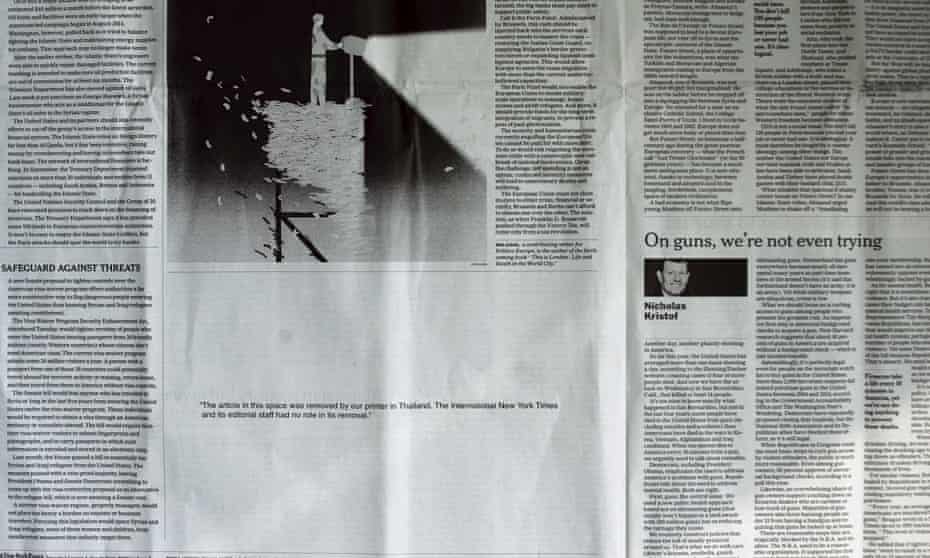 The blank space on the page of the International New York Times in Thailand