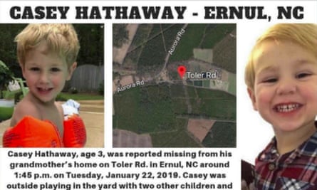 Casey Lynn HathawayFILE - This undated file image provided by the Craven County Sheriff’s Office shows an online poster for missing Casey Hathaway. Authorities in North Carolina said Thursday, Jan. 24, 2019, Hathaway, the 3-year-old boy who was missing for two days, has been found alive in good health near the home he disappeared from. (Craven County Sheriff’s Office via AP, File)