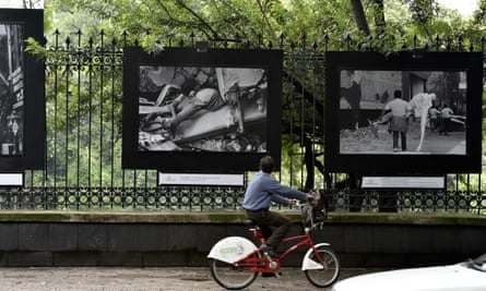 Images of the 1985 Mexico City earthquake are exhibited along Reforma Avenue this month, as part of the 30th anniversary of the disaster.