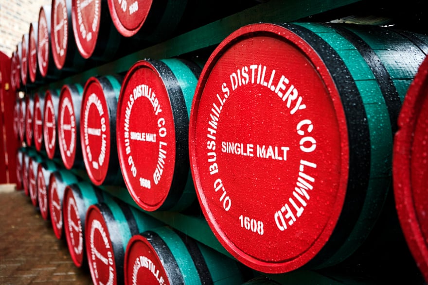 Single malt whiskey barrels of Old Bushmills at its distillery in Northern Ireland, UK.