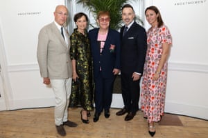 Dylan Jones (far left) hosts the opening dinner for LFWM on Friday evening. He was joined by Kristin Scott Thomas, Sir Elton John, David Furnish and BFC CEO Caroline Rush.