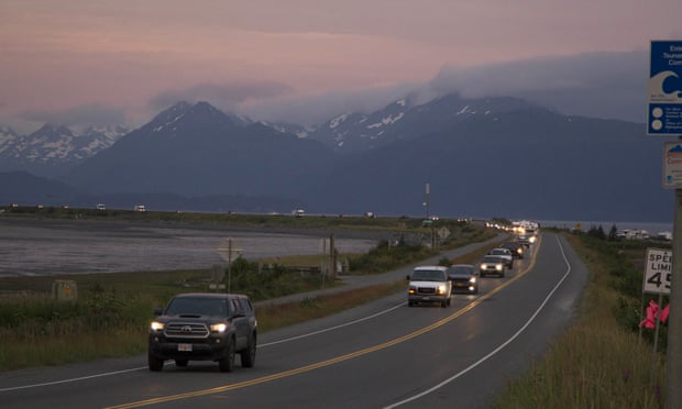 A line of cars evacuating the Homer Spit after a tsunami warning was issued. 
