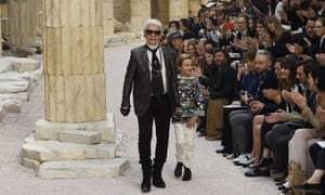 Karl Lagerfeld and Hudson Kroenig on the catwalk for Chanel cruise collection.