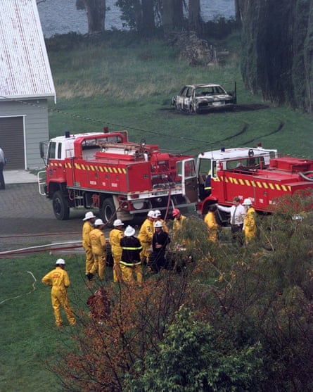 Firefighters at the Seascape bed and breakfast, which Martin Bryant set alight, ending the siege