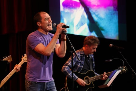 Michael Shannon and Jason Narducy on stage together in New York City.