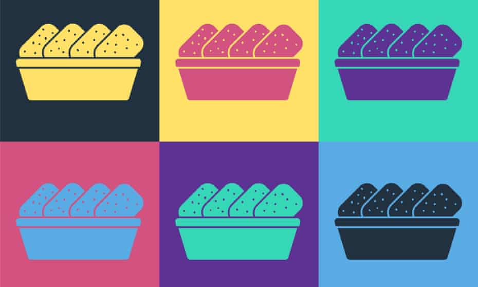 Pop art Chicken nuggets in box icon isolated on color background. Vector Illustration