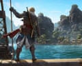A character in pirate attire stands on a wooden dock, facing tropical waters and rocky cliffs
