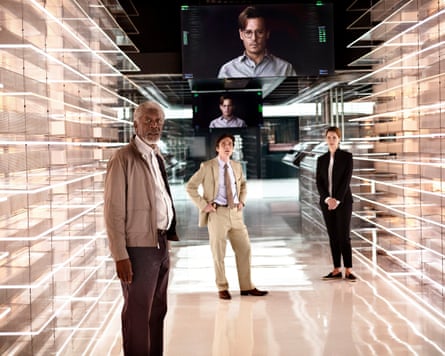 Morgan Freeman, Cillian Murphy and Rebecca Hall attempt to upload Johnny Depp’s mind in Wally Pfister’s Transcendence, 2014.