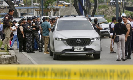 Police at the scene where César Suárez was shot dead on Wednesday.