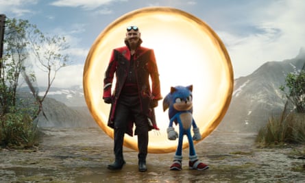 Jim Carrey as Ivo Robotnik and Sonic (Ben Schwartz) in Sonic the Hedgehog 3.