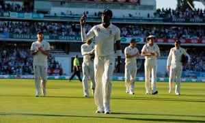 Jofra Archer walks off the field after his six wickets.