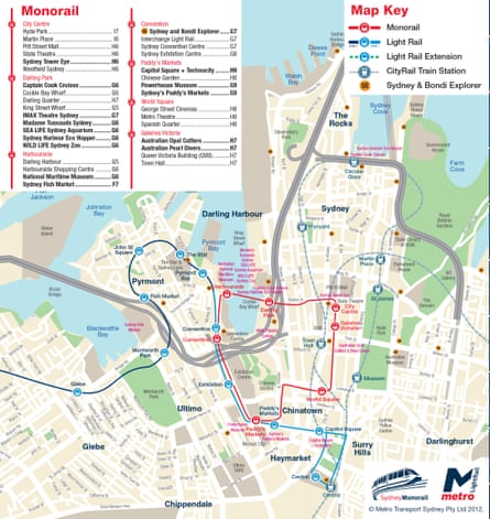 A map of Sydney’s CBD with red lines and dots indicating the monorail route, with blue lines and dots for the light rail.