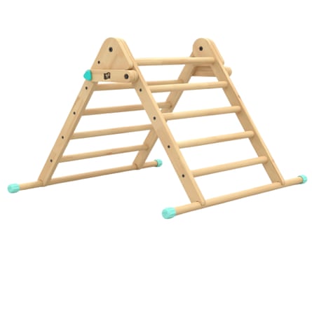 A wooden climbing triangle with rungs and teal-capped feet, a toy for children