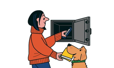 An illustration of a dog bringing a woman a book