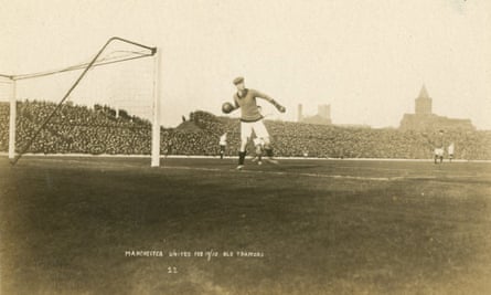 A general view of the action in the match between Manchester United and Liverpool, the first played at Old Trafford, in February 1910.