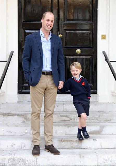 Handout photo released by the Duke and Duchess of Cambridge of the Duke of Cambridge with his son Prince George on his first day of school.