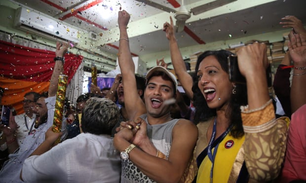 Supporters and members of the LGBT community celebrate in Mumbai