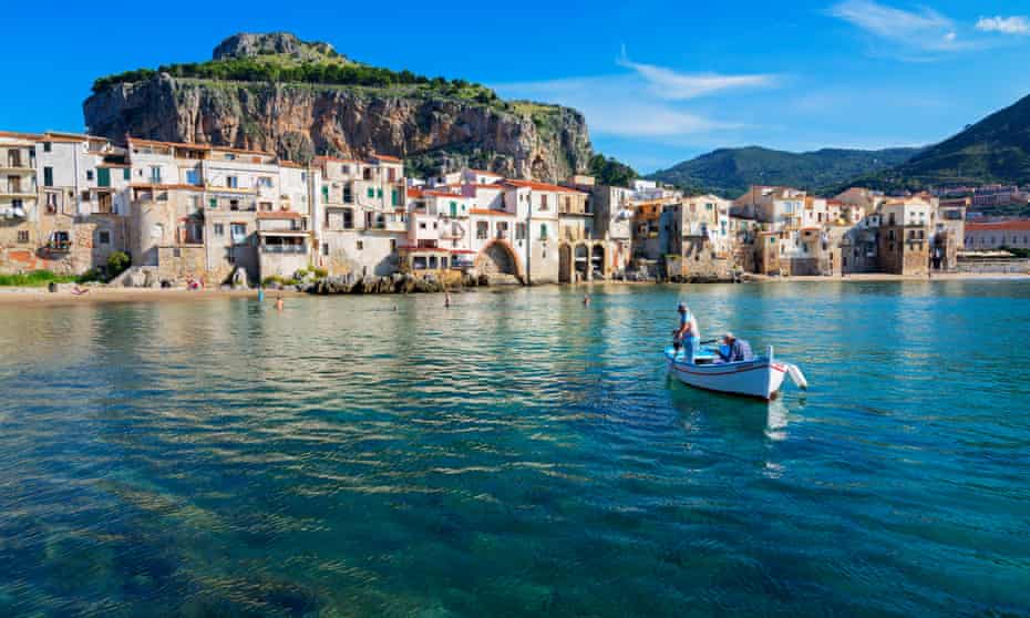 Cefalu sea and houses, Sicily.