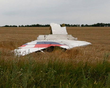 A piece of the wreckage of Malaysia Airlines flight MH-17 lying in a field