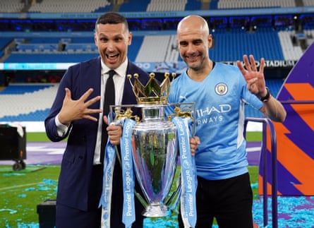 Khaldoon al-Mubarak with Pep Guardiola after Manchester CityâÂÂs Premier League title win in 2021-22