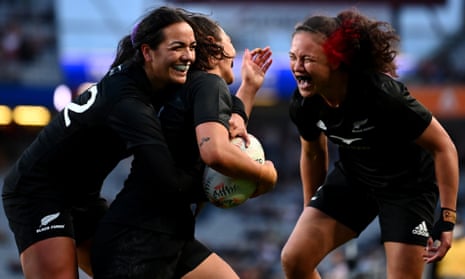 Portia Woodman celebrates a try with Black Ferns teammates Stacey Fluhler and Ruby Tui during their 95-12 thumping of Japan in Auckland last month.