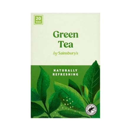 Box of Sainsbury’s Green teabags with illustrated leaves and “Naturally Refreshing” text
